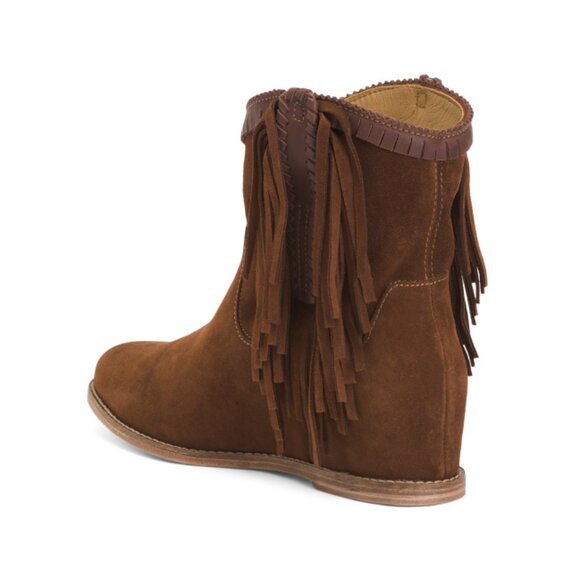 LUCCHESE Chocolate Made In Mexico Suede Martina Fringe Wedge Booties - Picture 2 of 2
